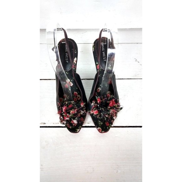 Vintage Nine West black leather open toe wedge floral rosette slingback heel san - Picture 2 of 8